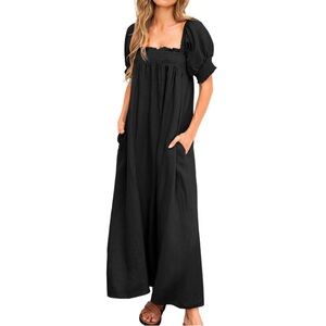 Black Puff Sleeve Maxi Dress with Pockets